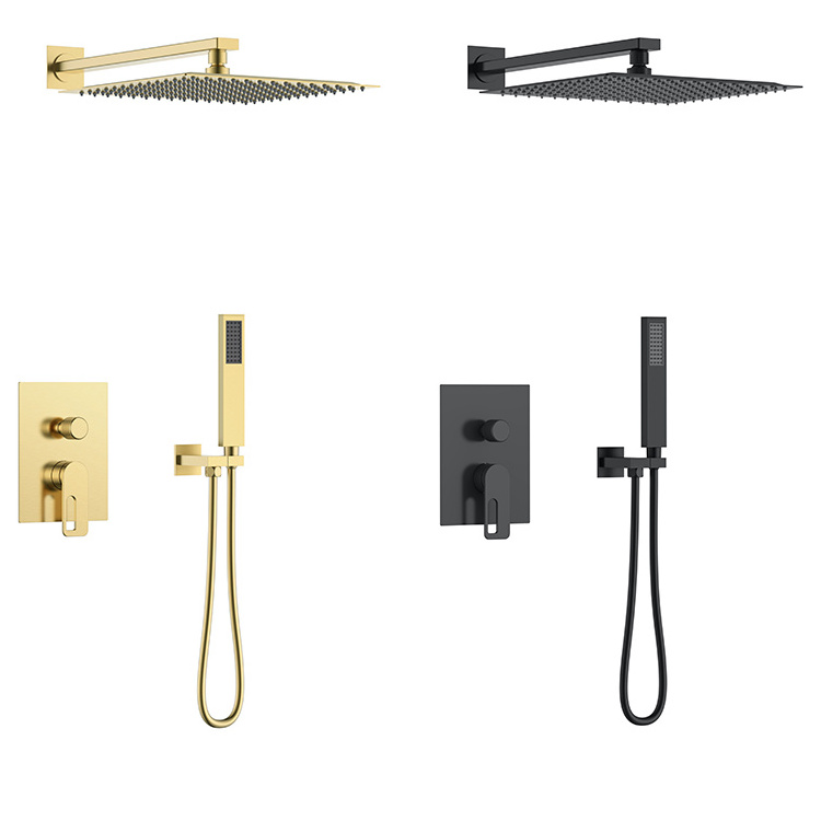 Two Functions Square Luxury Brushed Gold  Wall Mounted Concealed Bathroom Faucet Rain Concealed Shower Sets