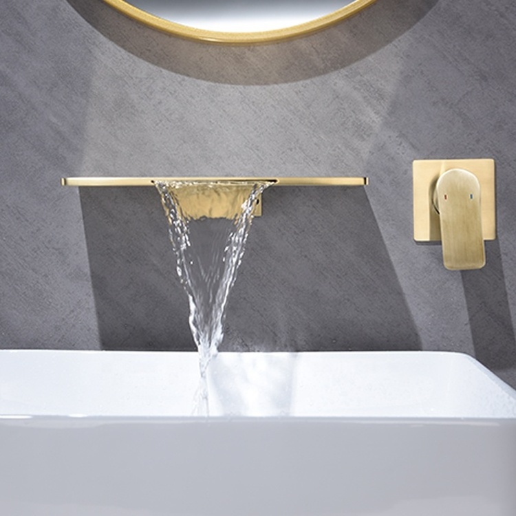 Unique Design Luxury Golden Brass Stainless Steel Bathroom Basin Faucet Single Waterfall Hot And Cold Water Mixer Sink Faucet