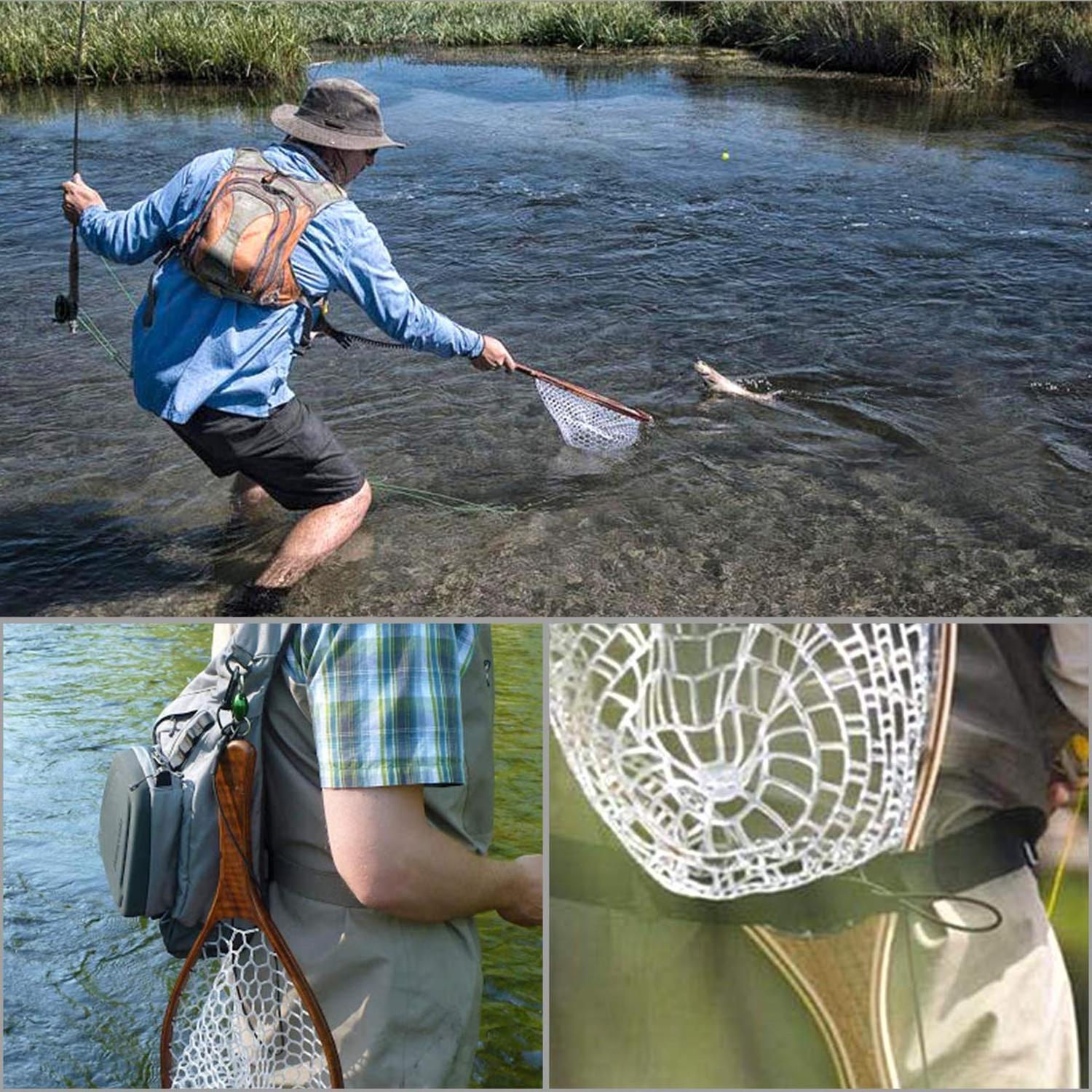 XN114 Wooden Handle Waterproof Frame Curve Rubber Mesh Fly Carp Outdoor Fishing Landing Net