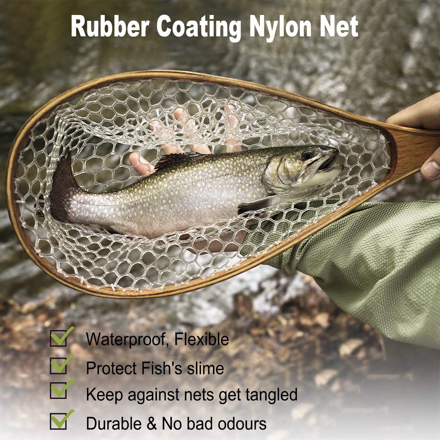 XN114 Wooden Handle Waterproof Frame Curve Rubber Mesh Fly Carp Outdoor Fishing Landing Net