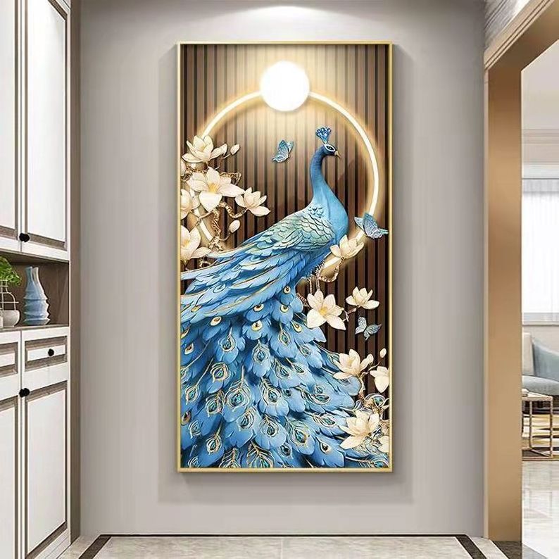 Living room decoration painting modern minimalist background wall peacock abstract art crystal porcelain painting