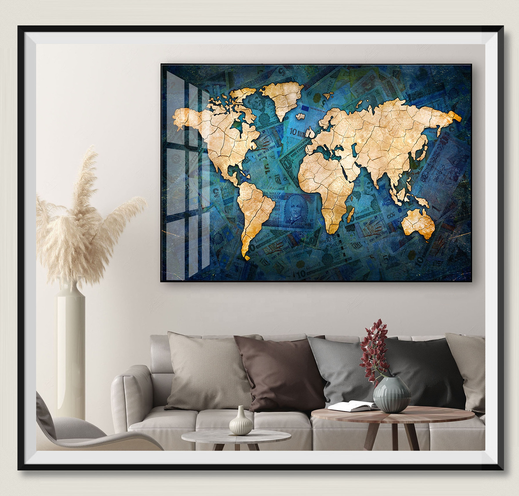 POP Art Abstract Money World Map Printed Wall Decor Acrylic Crystal Porcelain Paintings