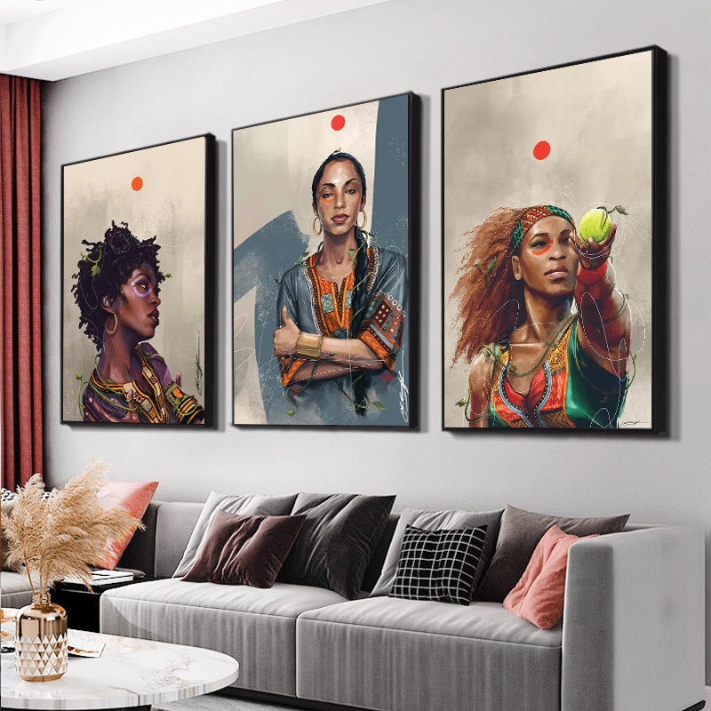 Canvas Painting Abstract African Woman Wall Art Plant Flower Girl Poster Print Wall Picture for Bedroom Home Interior Decoration