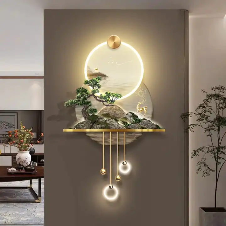 Modern Luxury Newest LED 3D home wall decoration with artificial tree Metal art acrylic Light landscape animal paintings