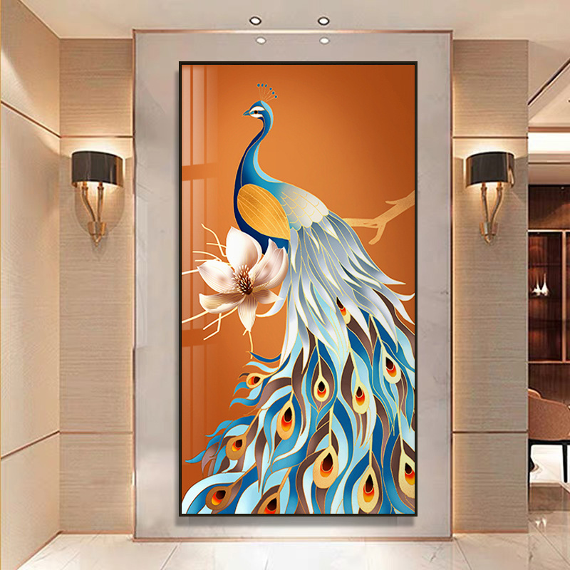 Living room decoration painting modern minimalist background wall peacock abstract art crystal porcelain painting