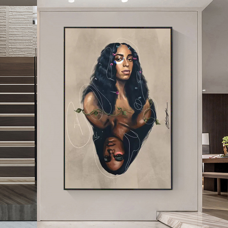 Canvas Painting Abstract African Woman Wall Art Plant Flower Girl Poster Print Wall Picture for Bedroom Home Interior Decoration