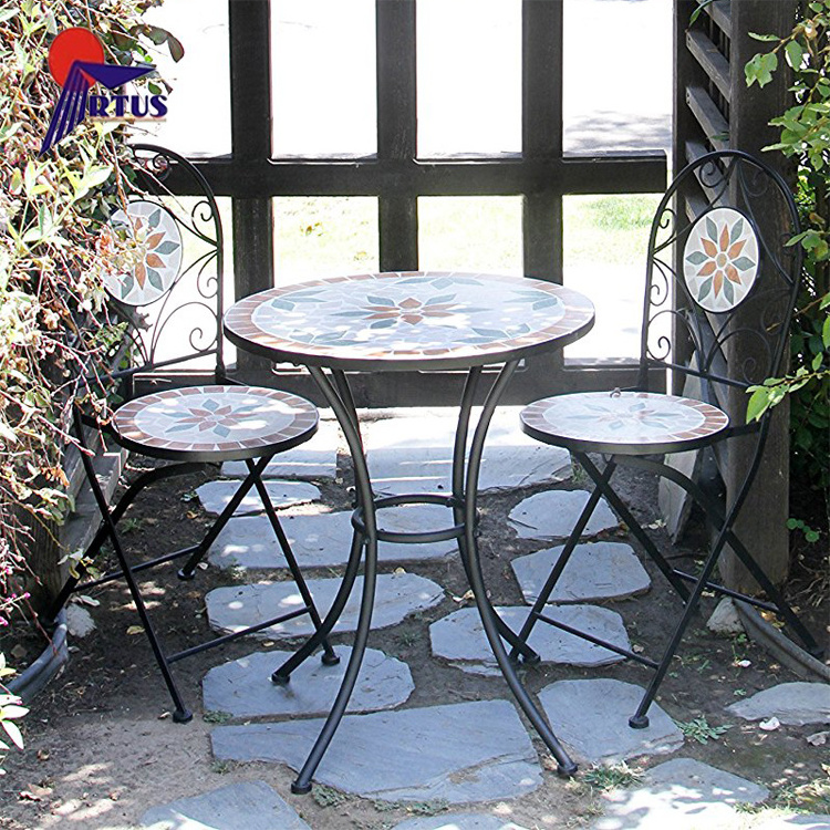 High quality garden furniture folding chair metal table classic style outdoor mosaic bistro set