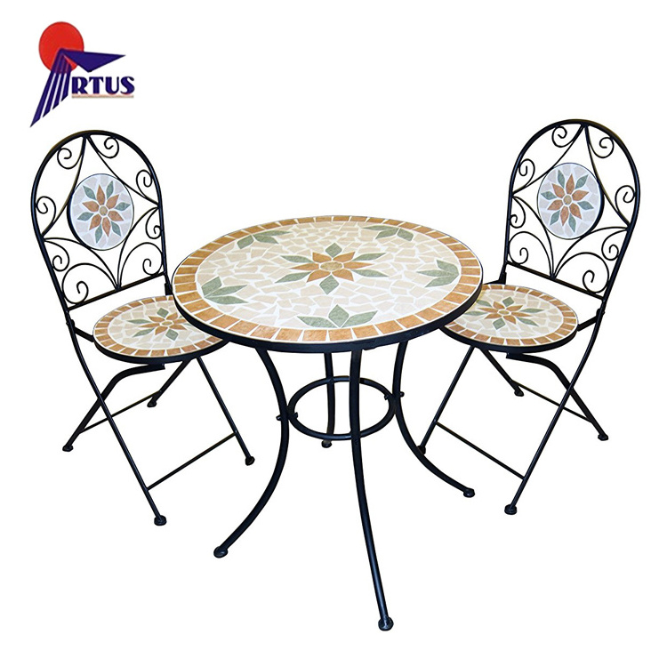 High quality garden furniture folding chair metal table classic style outdoor mosaic bistro set