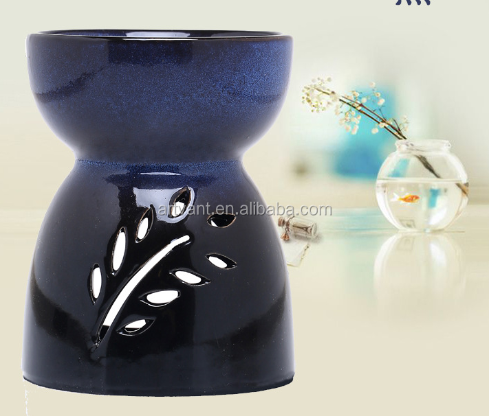 Classic Leaf Carving Blue Ceramic Essential Oil Burner Candle Aromatherapy Furnace Incense Burner