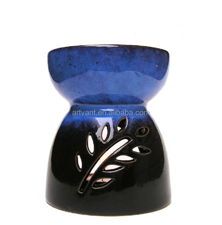 Classic Leaf Carving Blue Ceramic Essential Oil Burner Candle Aromatherapy Furnace Incense Burner