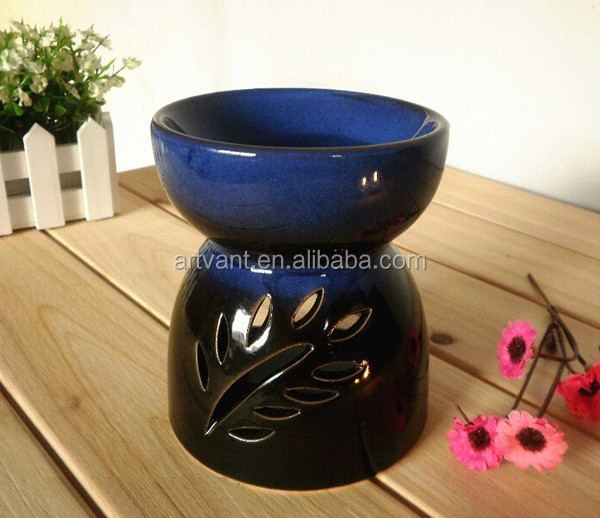 Classic Leaf Carving Blue Ceramic Essential Oil Burner Candle Aromatherapy Furnace Incense Burner