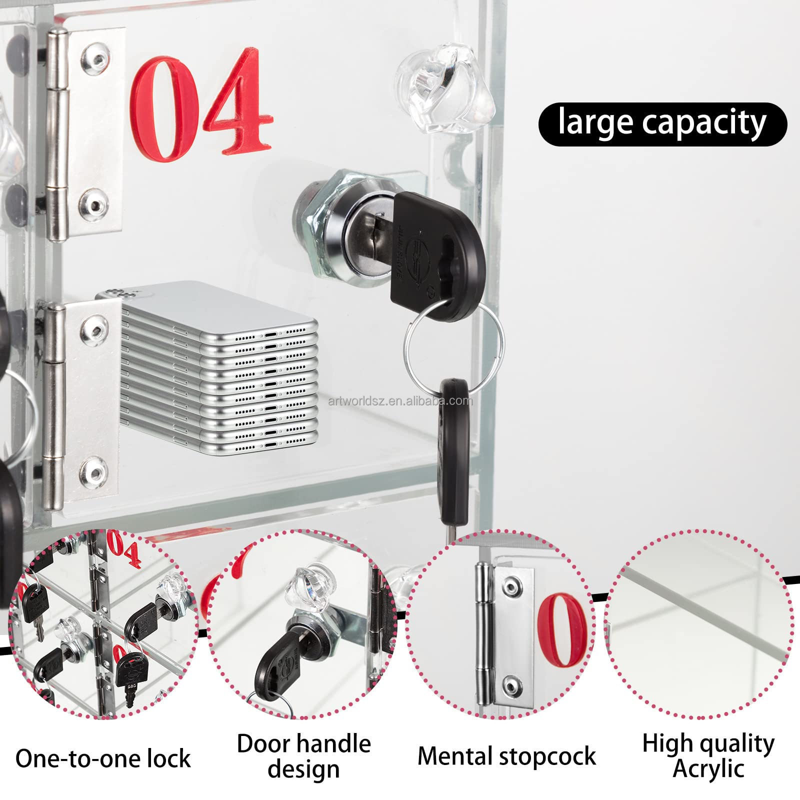 Artworld Displays Wall Mounted Storage Cabinet Clear Cell Phone Storage with Door Locks and Keys Acrylic Cell Phone Locker Box