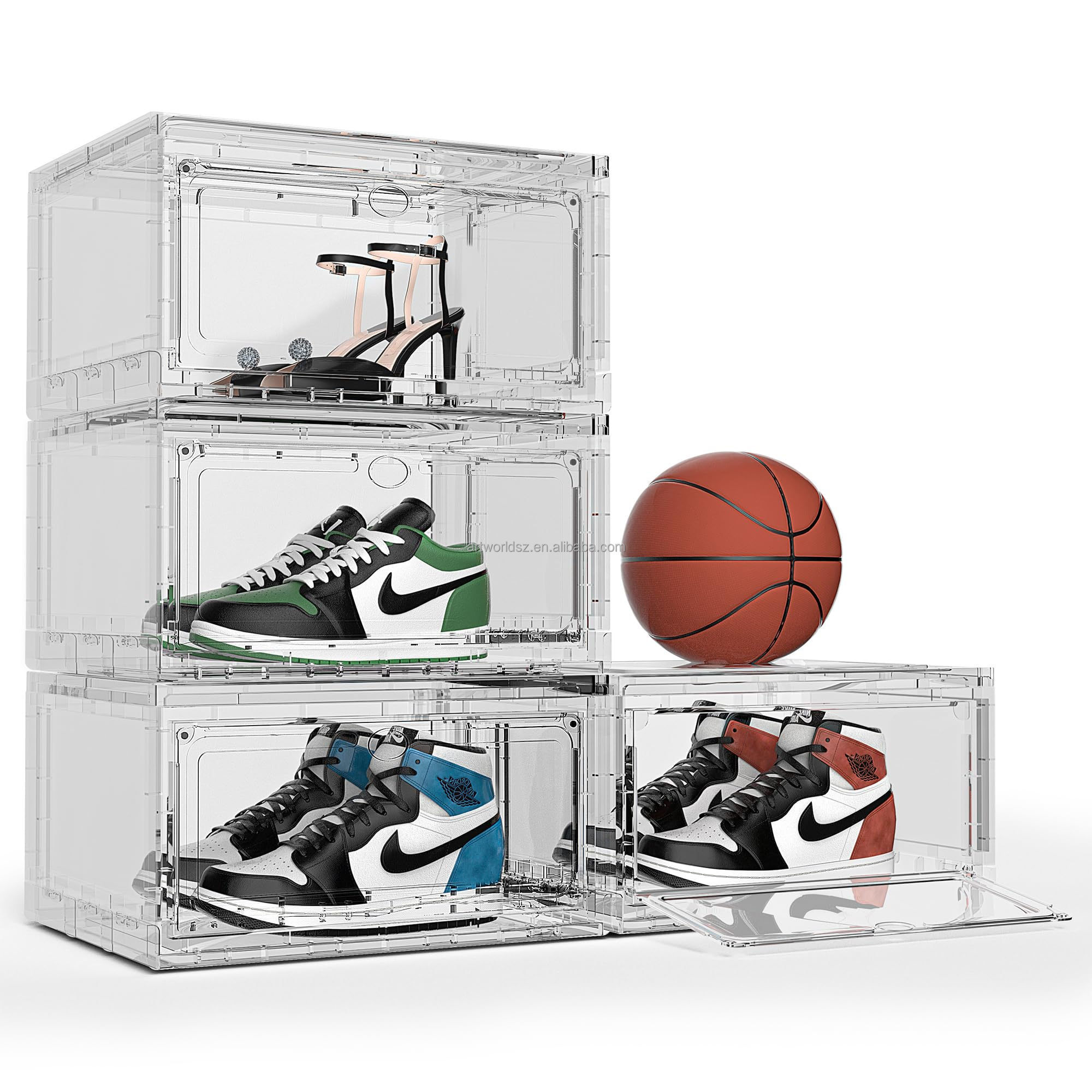 Artworld Displays Large Clear Plastic Stackable Drop Side Shoe Containers with Clear Door Shoe Storage Box Shoe Boxes