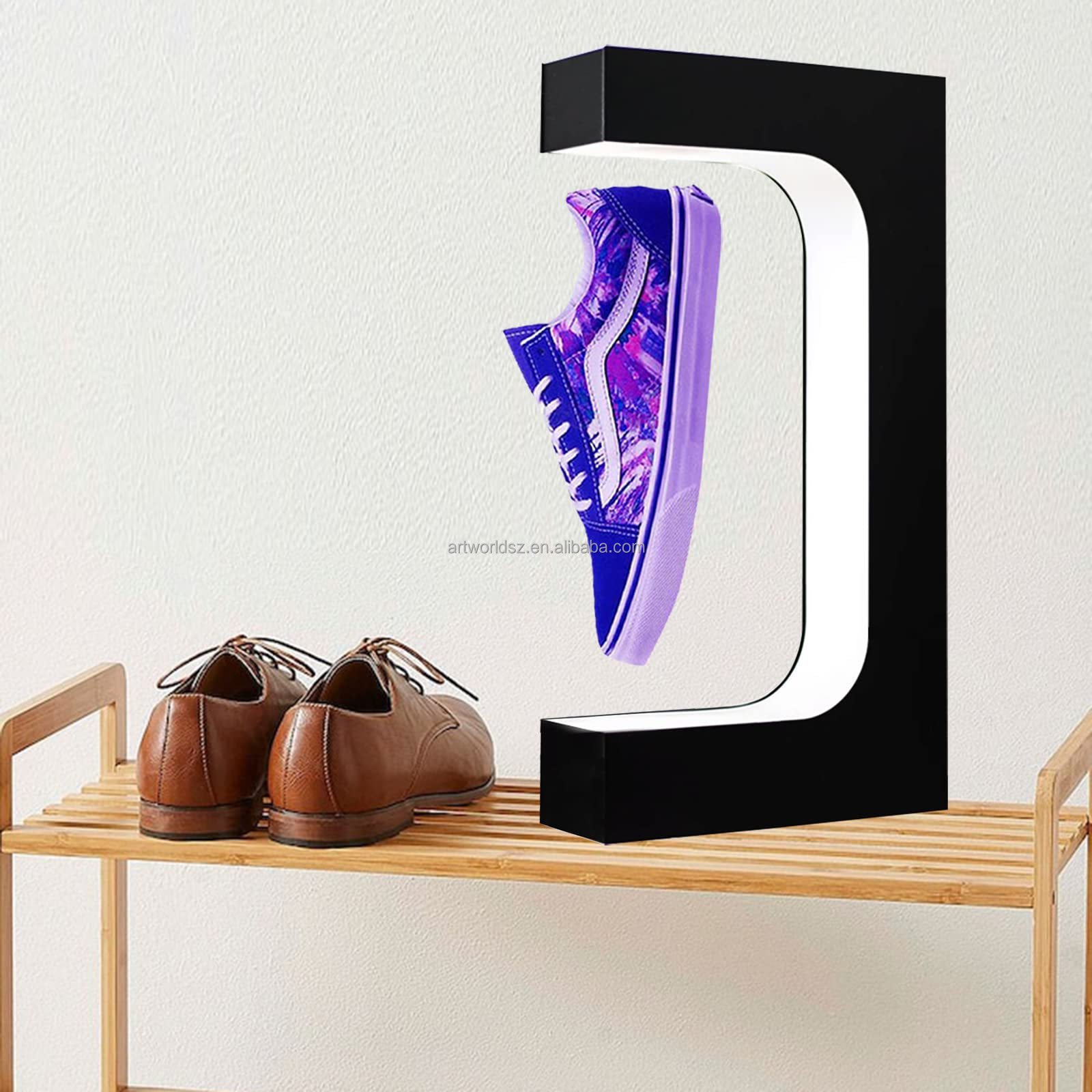 Magnetic Levitating Shoe Display Stand Rotating Sneaker Shelf Acrylic Floating Riser Spinning Rack Holder with LED Light