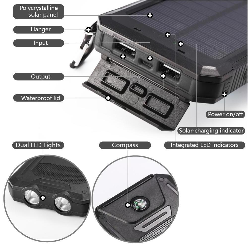 Factory Outlet Waterproof Power Bank,8000Mah Waterproof Solar Double Led Torches And Compass Powerbank Power Banks