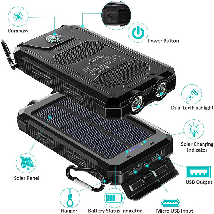 Factory Direct Sale 2 In 1 Solar Phone Charger 20000Mah Power Bank Portable Solar Panels Powerbank With Led Light