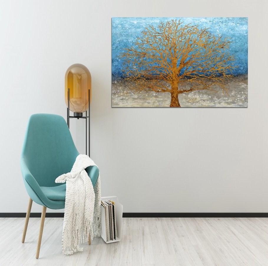 Handpainted Abstract Blue Gold Tree Canvas Oil Painting With Heavy Textured Wall Decor For Living Room