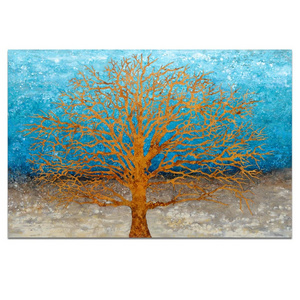 Handpainted Abstract Blue Gold Tree Canvas Oil Painting With Heavy Textured Wall Decor For Living Room