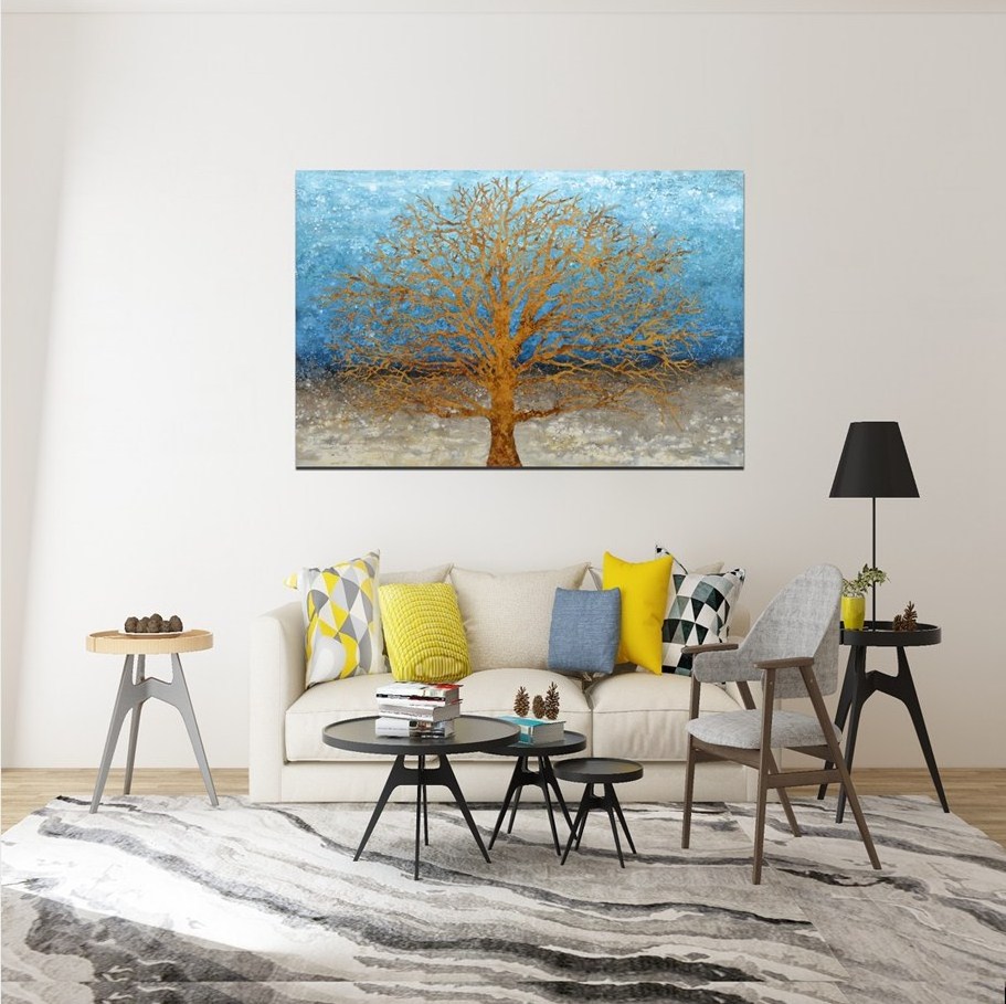 Handpainted Abstract Blue Gold Tree Canvas Oil Painting With Heavy Textured Wall Decor For Living Room