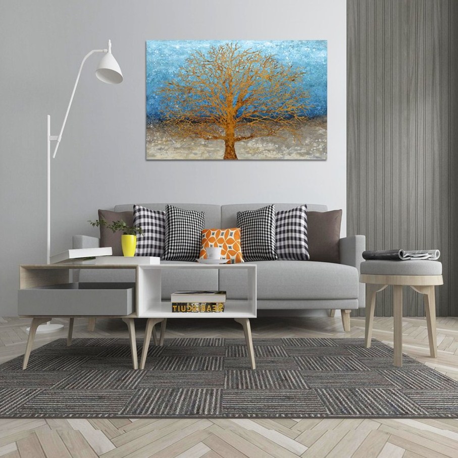 Handpainted Abstract Blue Gold Tree Canvas Oil Painting With Heavy Textured Wall Decor For Living Room