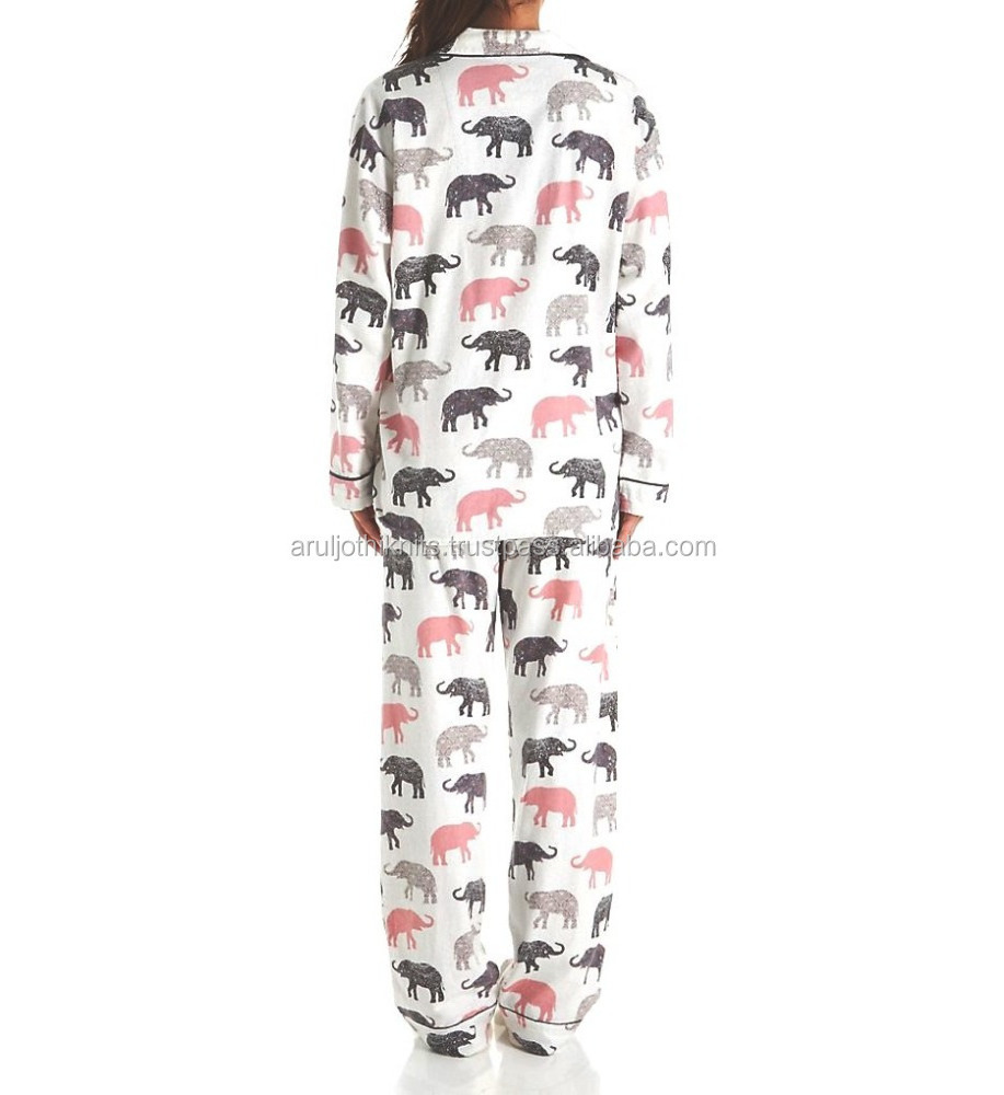 Elephant printed women's piping detailed Classic pajama set 100 cotton Vintage sleepwear Custom Ladies loungewear pyjama set