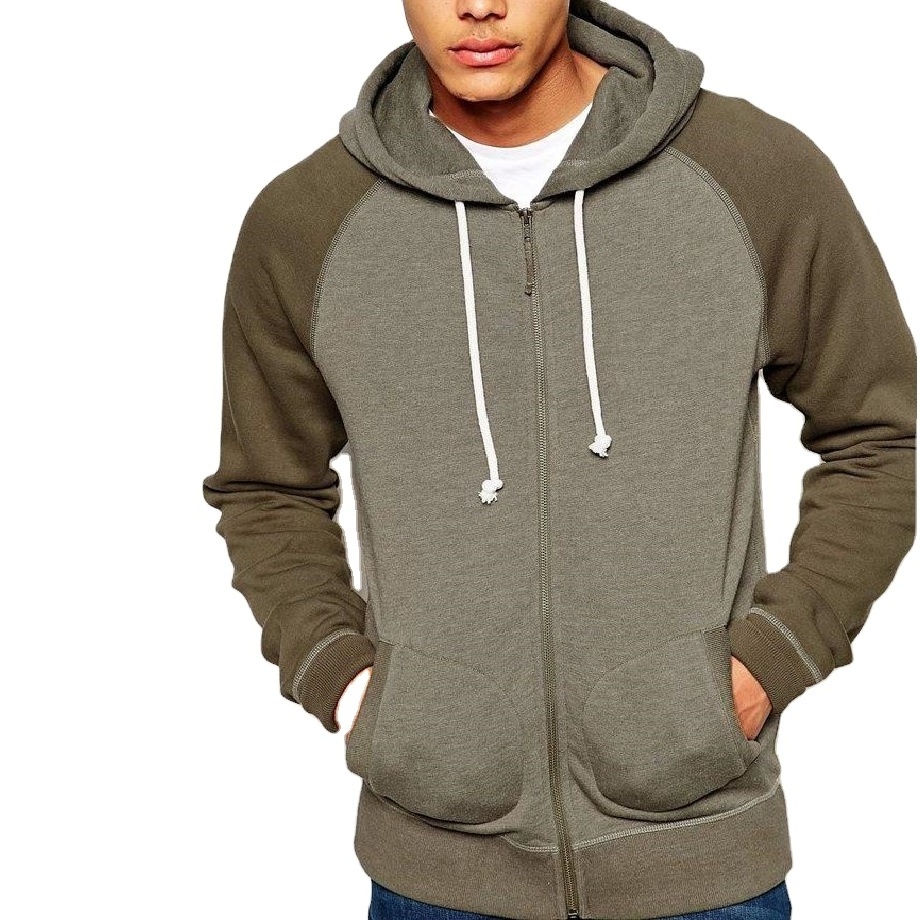 100% cotton fleece Men's zipper hoodie with contrast raglan sleeves custom long sleeve men's winter clothing Hooded sweatshirt