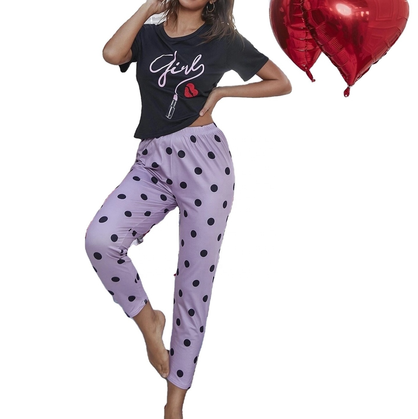 Women's Cartoon Print Short Sleeve Top and All-Over Printed Pajama Set Nightwear Loungewear Sleepwear with Factory Advantage