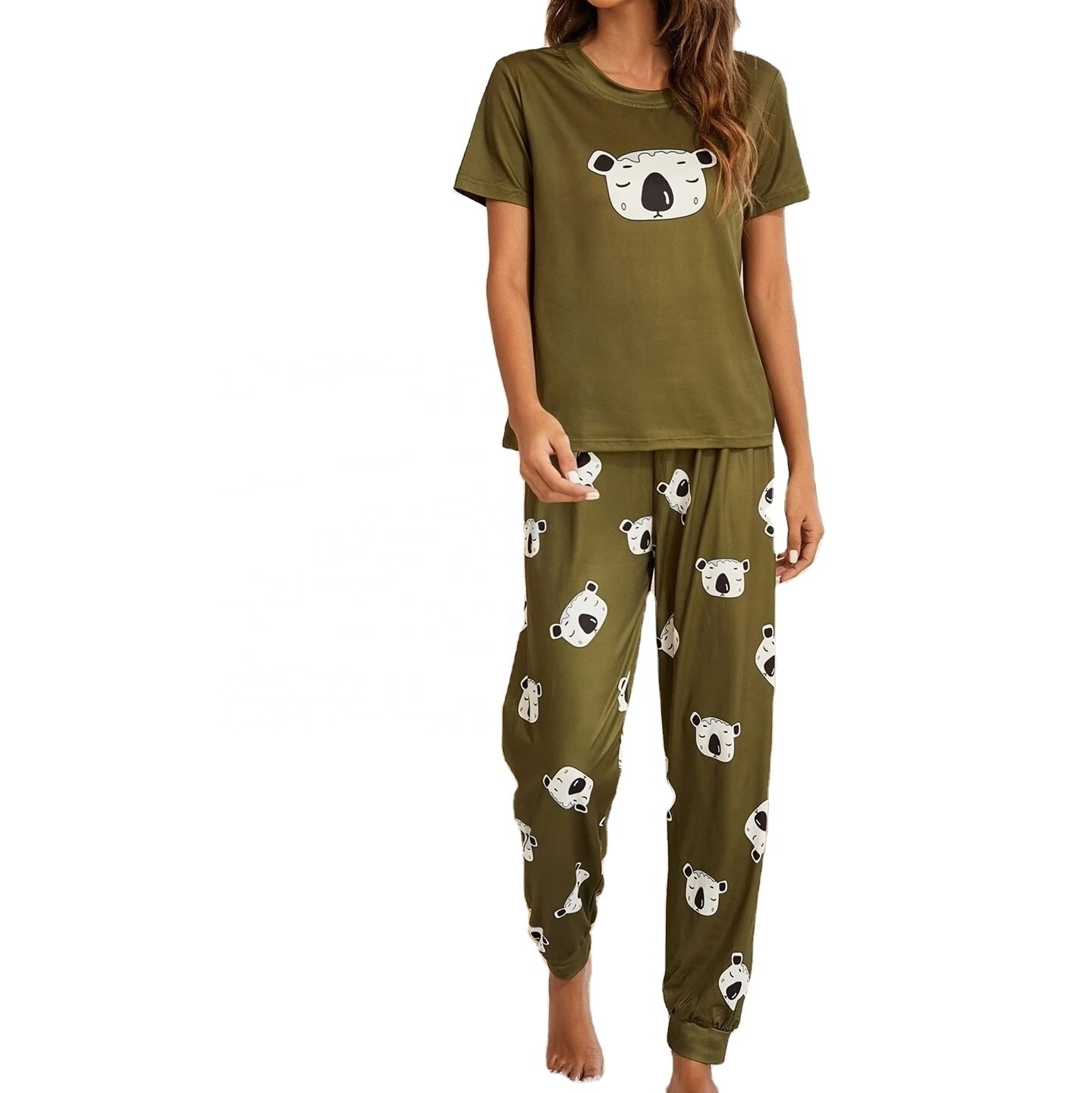 Women's Cartoon Print Short Sleeve Top and All-Over Printed Pajama Set Nightwear Loungewear Sleepwear with Factory Advantage