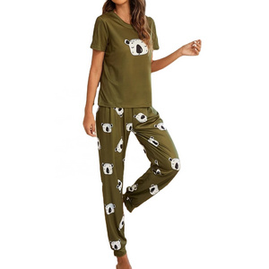 Women's Cartoon Print Short Sleeve Top and All-Over Printed Pajama Set Nightwear Loungewear Sleepwear with Factory Advantage