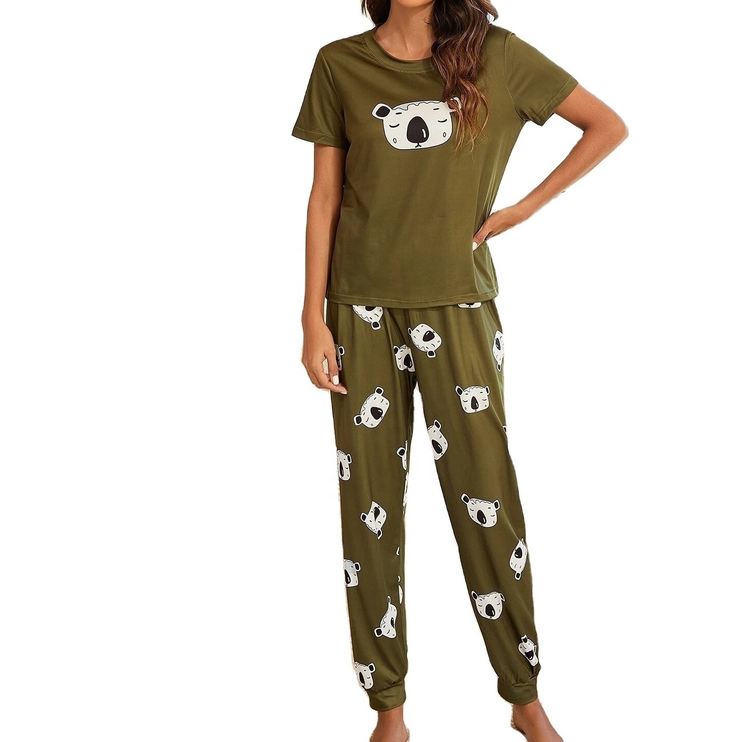 Women's Cartoon Print Short Sleeve Top and All-Over Printed Pajama Set Nightwear Loungewear Sleepwear with Factory Advantage