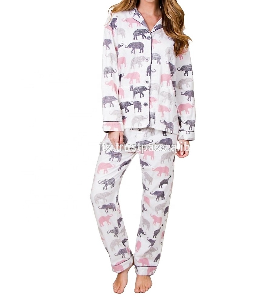 Elephant printed women's piping detailed Classic pajama set 100 cotton Vintage sleepwear Custom Ladies loungewear pyjama set