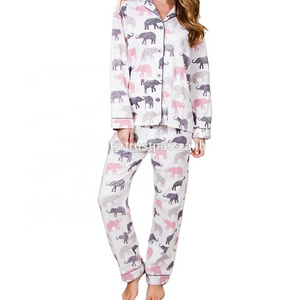 Elephant printed women's piping detailed Classic pajama set 100 cotton Vintage sleepwear Custom Ladies loungewear pyjama set