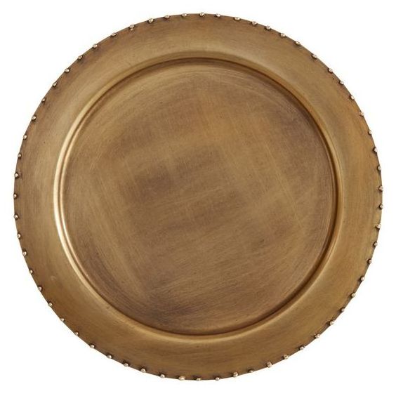 Top Standard Quality Round Charger Plate With Hard Embossed Border Antique Gold Coated Handmade Craft Charger Dish Plate