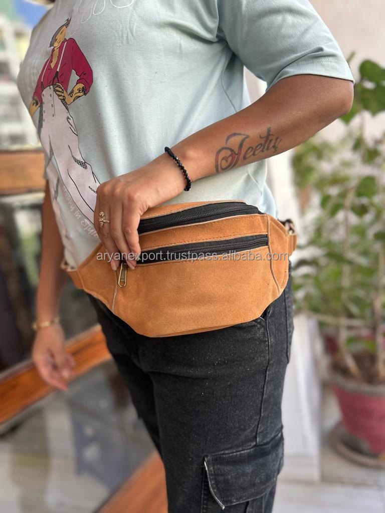 New Real Handmade Suede Leather Multi Pockets Waist Hip Bags  With Adjustable Strap Stylish Unisex Leather Utility Fanny Packs