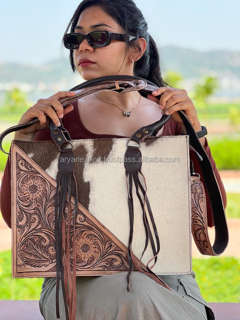 Real Cowhide Fur Tote Bag Stylish Leather New Designer Purse Hair On Hide Hand Tooled Carving Bags For Women's Multi Use