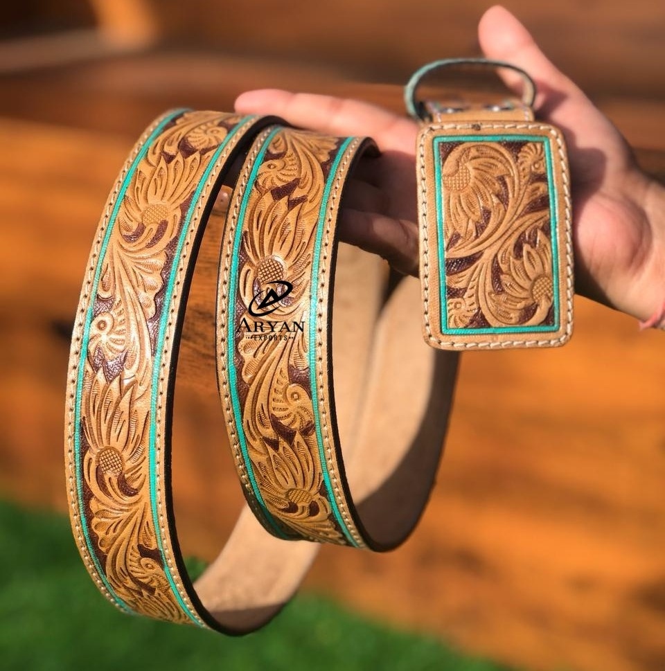 Real Handmade Hand Tooled Full Grain Leather Western Belt Western Stylish Turquoise Genuine Leather Unisex Removable Buckle Belt