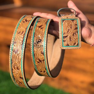 Real Handmade Hand Tooled Full Grain Leather Western Belt Western Stylish Turquoise Genuine Leather Unisex Removable Buckle Belt