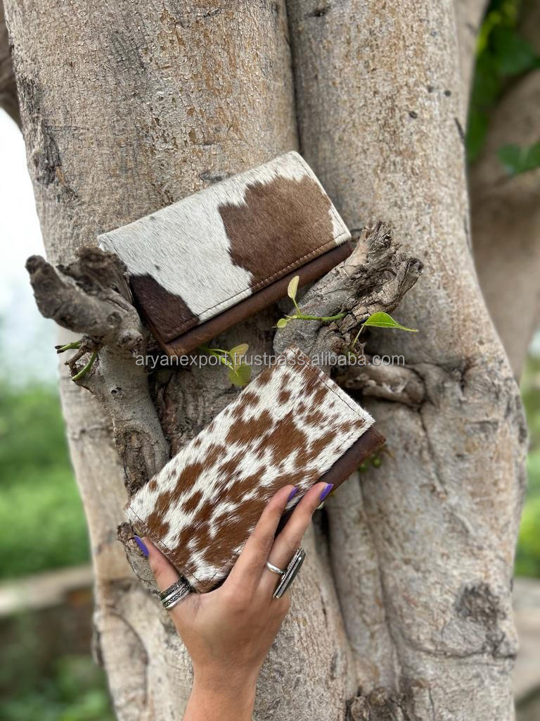 New Real Handmade Hair On Hide Wallets for Women Slim Wallet Bifold Leather Snap Fur Clutch Purse Real Cow Hide Fur Purse Wallet