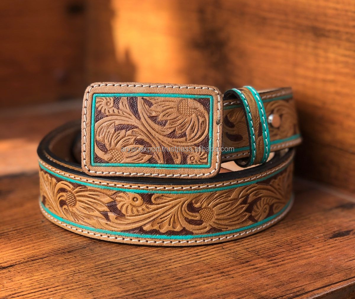 Real Handmade Hand Tooled Full Grain Leather Western Belt Western Stylish Turquoise Genuine Leather Unisex Removable Buckle Belt