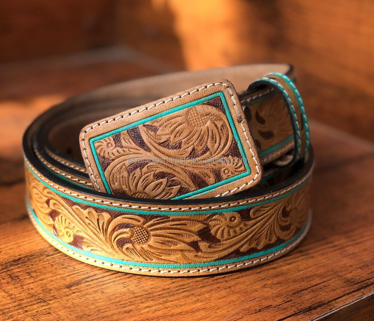 Real Handmade Hand Tooled Full Grain Leather Western Belt Western Stylish Turquoise Genuine Leather Unisex Removable Buckle Belt