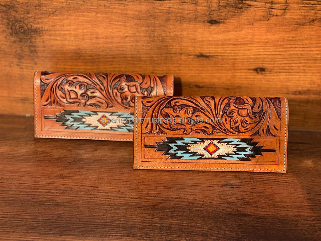 Best Seller Handmade Cowboy Genuine Leather Floral Hand Tooled Western Men's Wallet With Hand Carved Latest Men Luxury Wallet