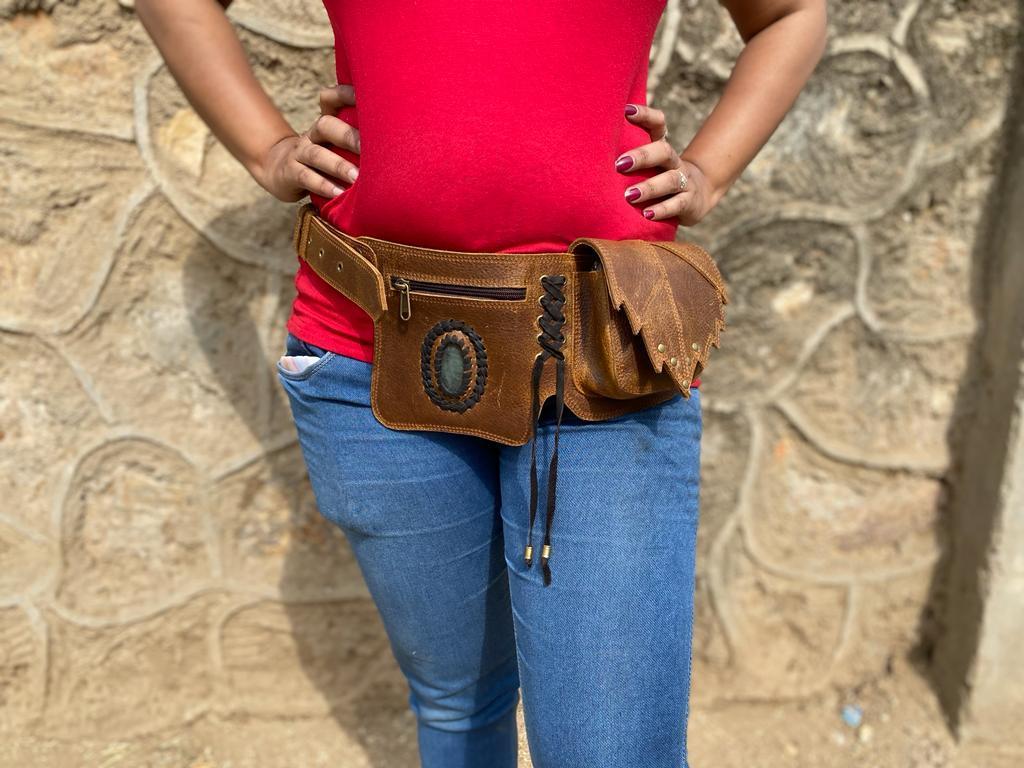 Real Handmade Genuine Leather Utility Belt Hip Pocket Belt Hot Selling High Quality Festival Belt Multi Pocket Hip Bag For Women