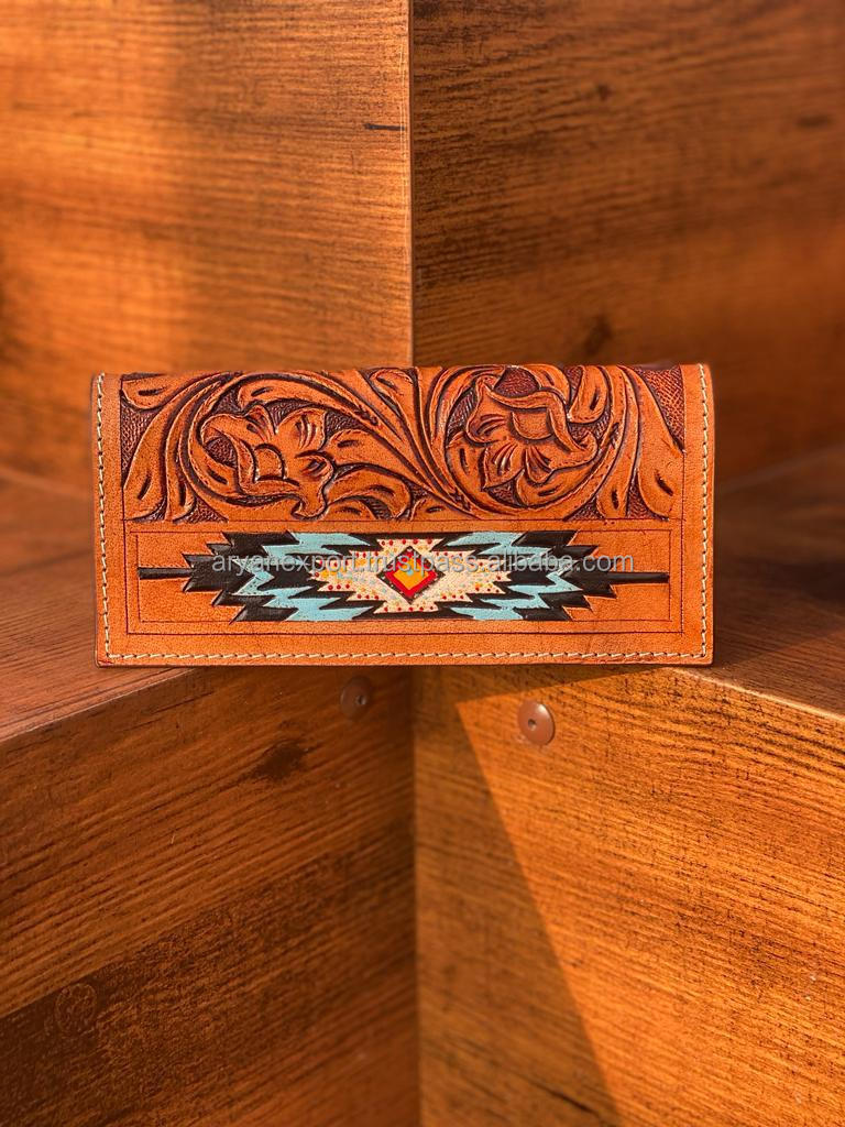 Best Seller Handmade Cowboy Genuine Leather Floral Hand Tooled Western Men's Wallet With Hand Carved Latest Men Luxury Wallet