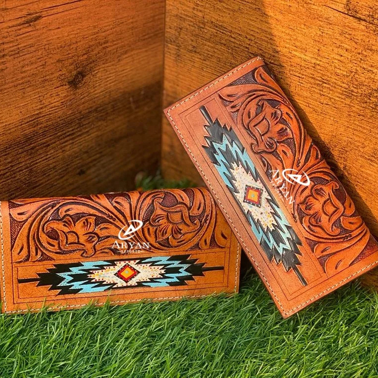 Best Seller Handmade Cowboy Genuine Leather Floral Hand Tooled Western Men's Wallet With Hand Carved Latest Men Luxury Wallet