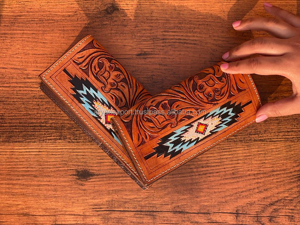 Best Seller Handmade Cowboy Genuine Leather Floral Hand Tooled Western Men's Wallet With Hand Carved Latest Men Luxury Wallet