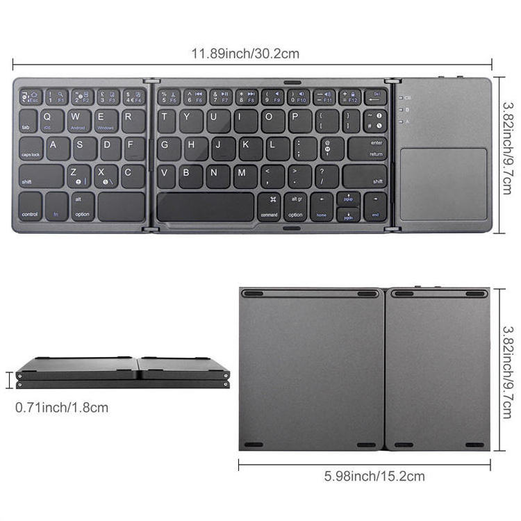 OEM B033 Ultra Thin Slim Mini Portable Phone Foldable Key Board Triple Folding Bt Wireless Keyboard With Touch Pad For Ipad Pro