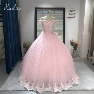 Ruolai ASQ012 Princess 3D flowers Ball Gown Prom Party Dress Pink Off-Shoulder vestidos de Quinceanera Dresses