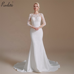 Ruolai QD06163 Elegant Illusion Neck White Mermaid Wedding Dress Long Sleeve Satin Bridal Dress Gown