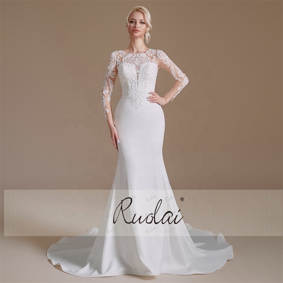 Ruolai QD06163 Elegant Illusion Neck White Mermaid Wedding Dress Long Sleeve Satin Bridal Dress Gown