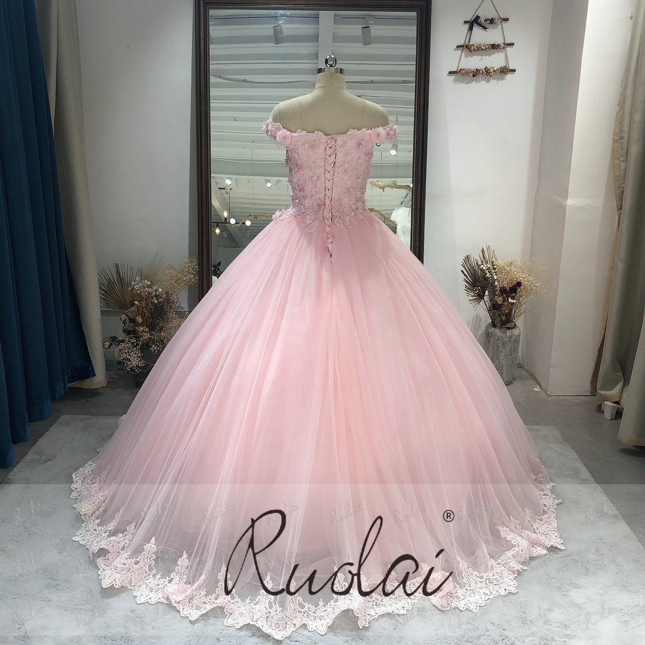 Ruolai ASQ012 Princess 3D flowers Ball Gown Prom Party Dress Pink Off-Shoulder vestidos de Quinceanera Dresses